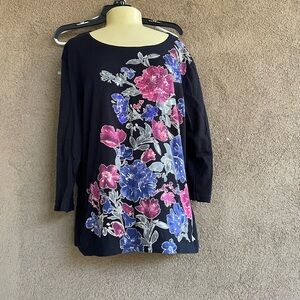 Karen Scott Black Top with Sequin Floral Design